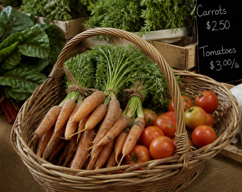 A basket of fresh carrots and tomatoes at a farmers market stall