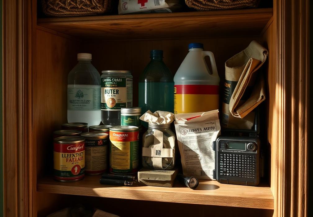 Organized practical preparedness supplies on sturdy shelves