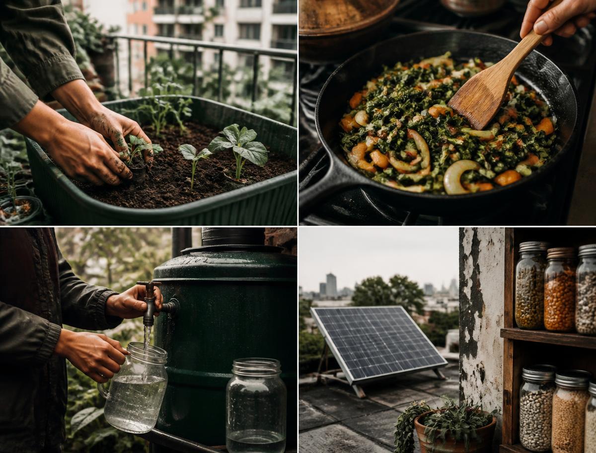 Hands planting seedlings on a balcony, vegetables cooking in a cast-iron skillet, water drawn from a rain barrel, and a solar panel beside pantry jars